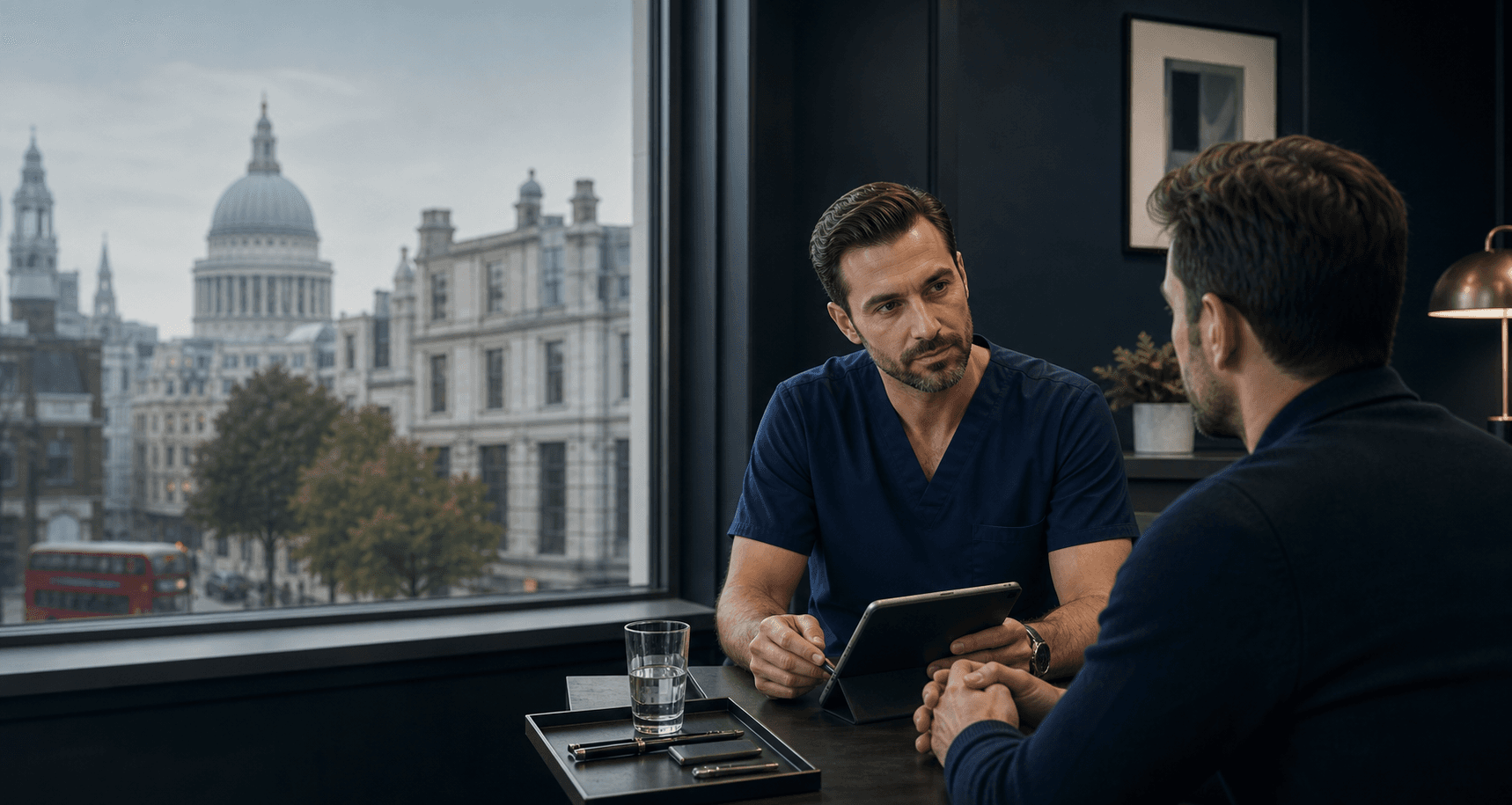 Hair transplant consultation in a premium London clinic with Central London city views beyond the window