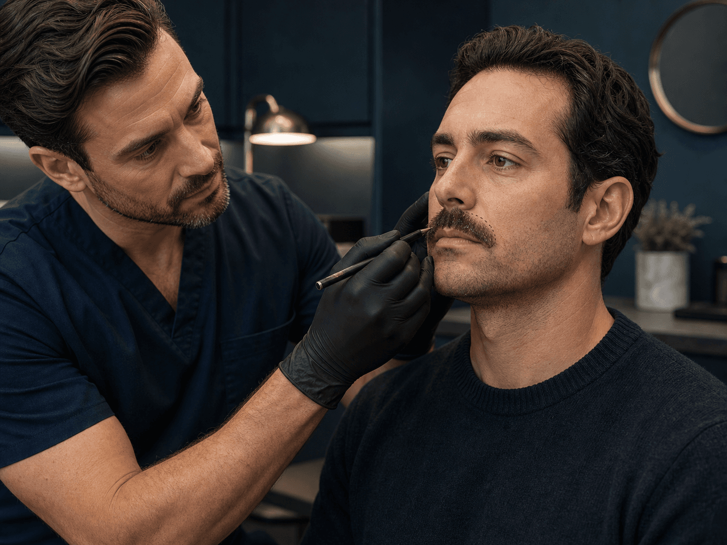 Moustache transplant consultation and upper-lip planning in a premium London clinic