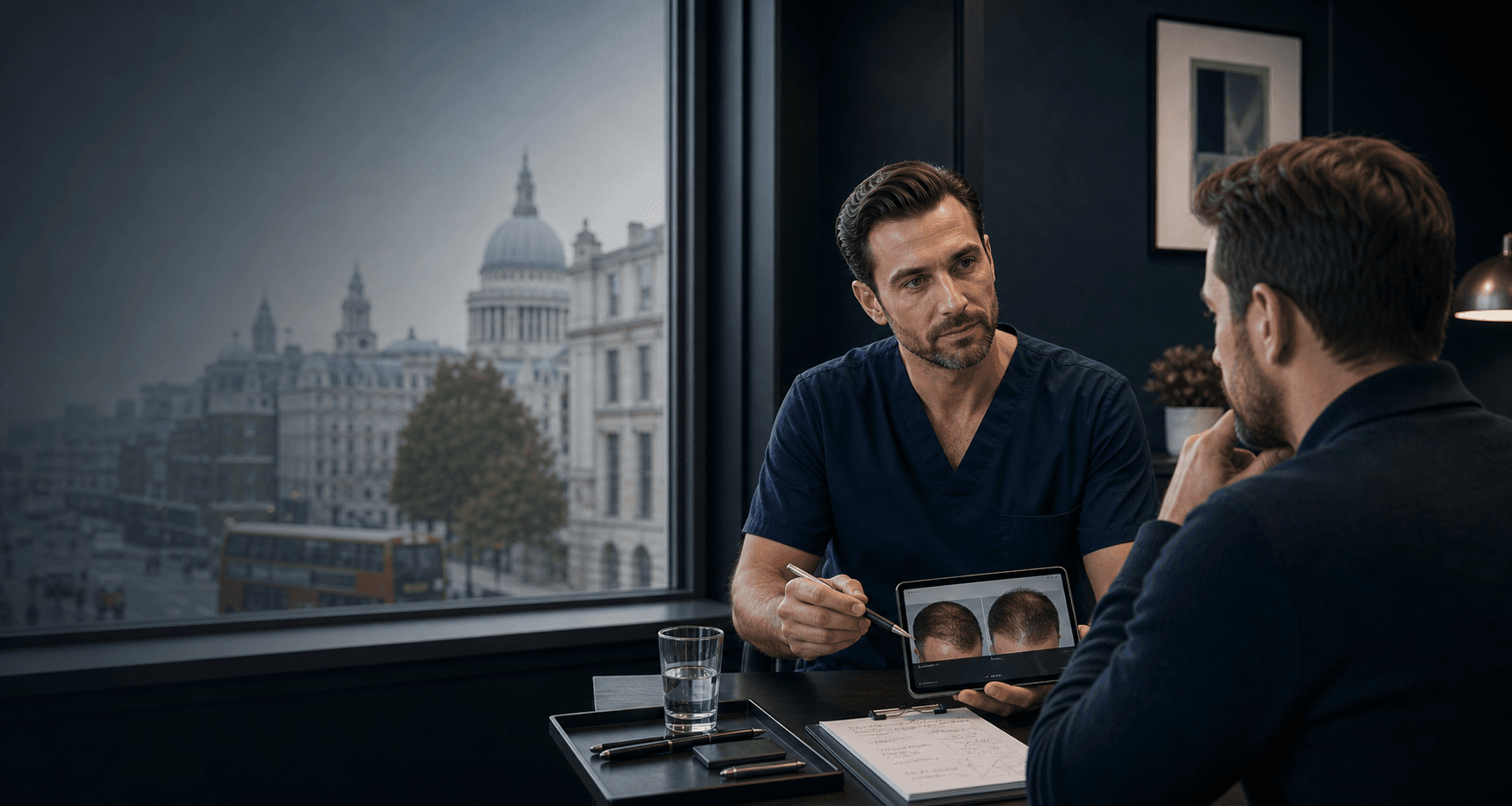 Hair transplant consultation in a premium London clinic with treatment-day planning and recovery guidance being discussed
