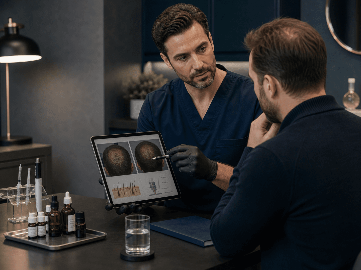 Non-surgical hair loss treatment consultation and supportive scalp planning in a premium London clinic