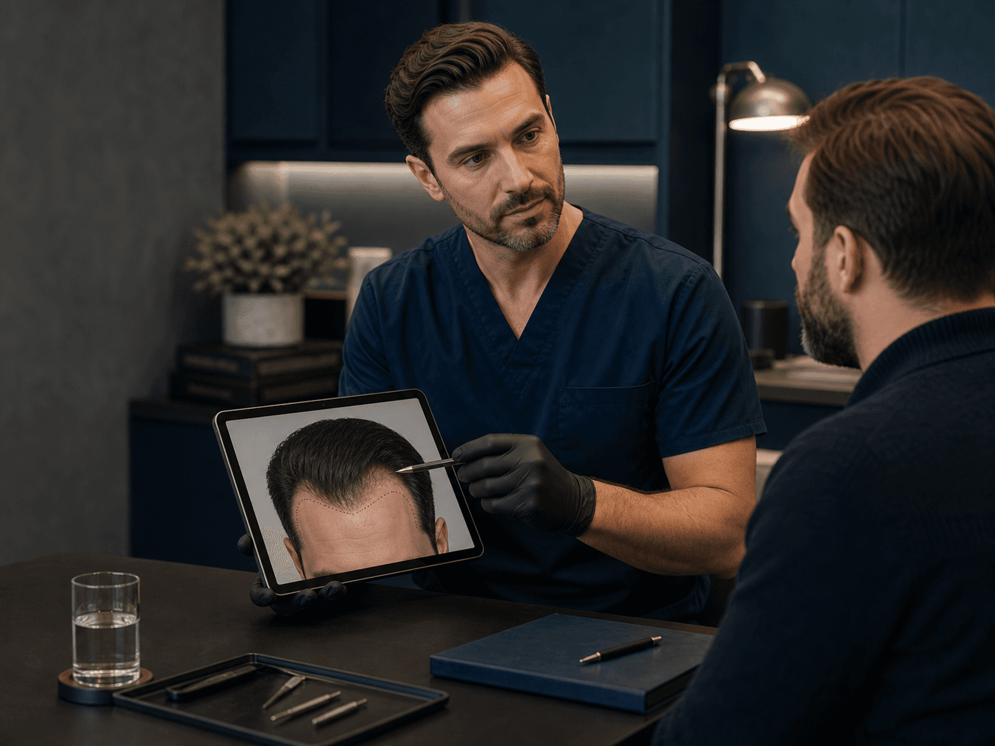 Doctor reviewing a hairline plan on a tablet during a clinic selection consultation